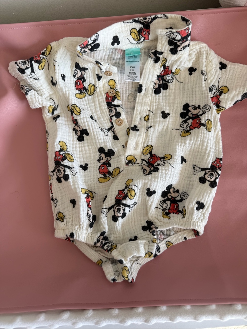 Disney White Mickey Mouse Cotton Romper with Red and Yellow Accents